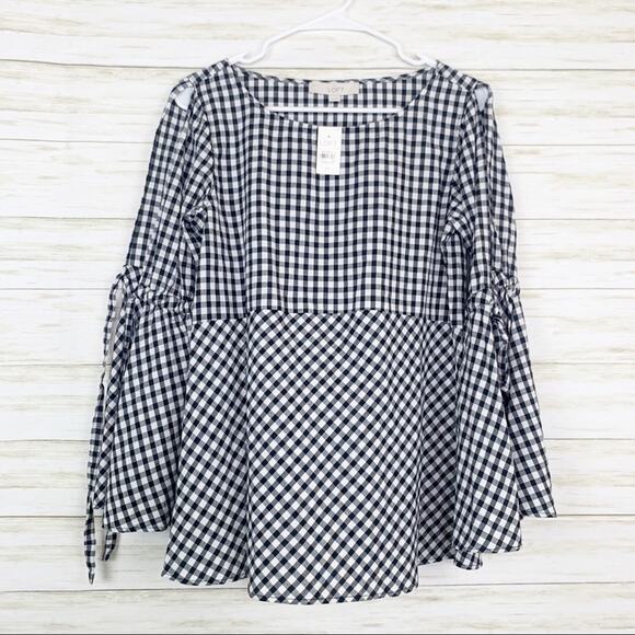 Loft NWT Gingham Split Tie Sleeve Blouse - Picture 2 of 8